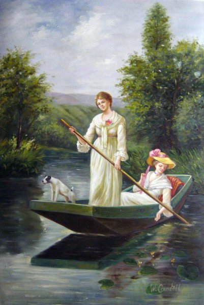 Two Ladies Punting On The River. The painting by Henry John Yeend King
