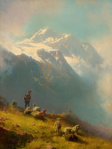 A Shepherd with his Flock. The painting by Hermann Herzog