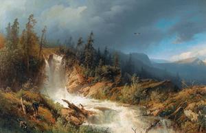 A Wild Mountain Landscape with Waterfall and Hunter