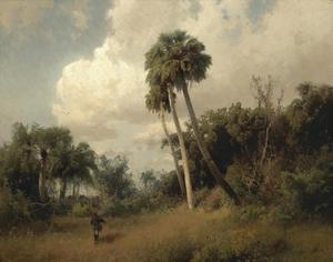 Hermann Herzog, Hunter among Windswept Palms and Passing Clouds, Art Reproduction