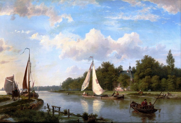 Along the River on a Sunny Afternoon. The painting by Hermanus Koekkoek Sr