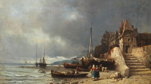 Hermanus Koekkoek Sr, Coastal Scene with Figures under Stormy Skies, Painting on canvas