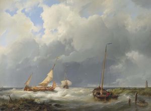 Hermanus Koekkoek Sr, Coastal Scene with Fishing Vessels, Art Reproduction