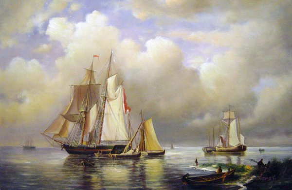 Vessels At Anchor In An Estuary With Fishermen. The painting by Hermanus Koekkoek Sr