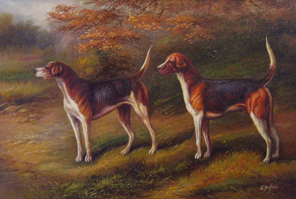 Chorister and Norman- A Couple Of Fox Hounds. The painting by Heywood Hardy