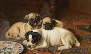Famous paintings of Animals: Dinner, Two Pugs and a Terrier