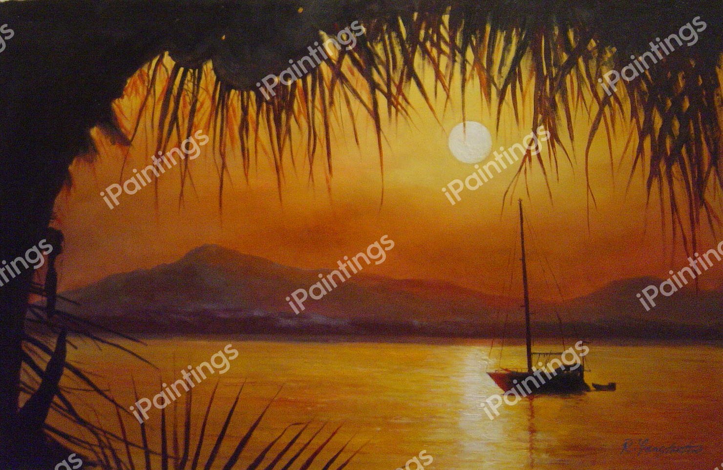 A Palm Tree Sunset. The painting by Our Originals
