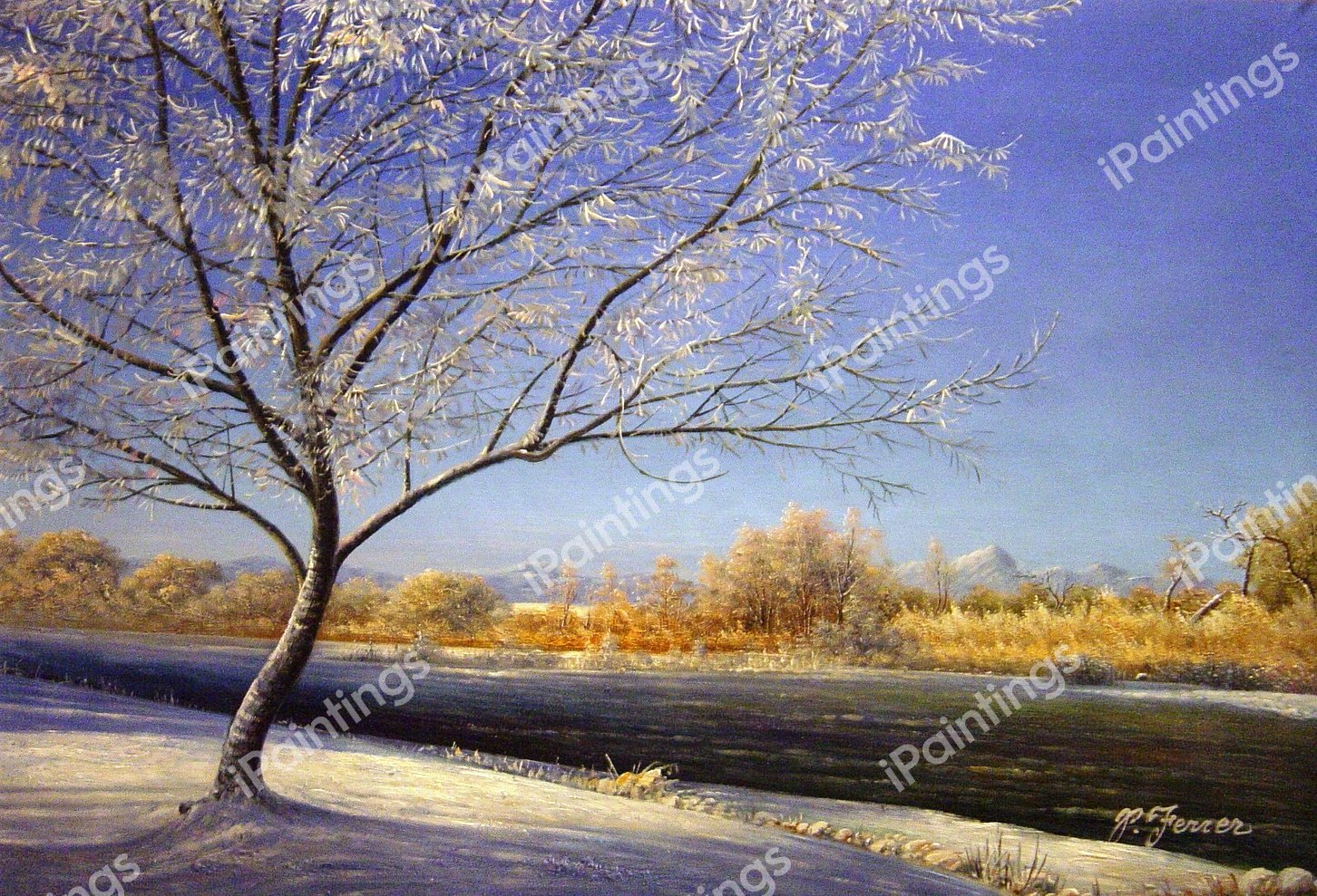 A Riverbank Winterscape. The painting by Our Originals