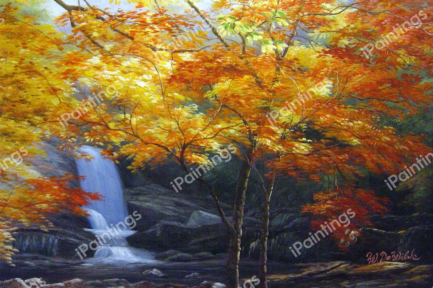 A Serene Autumn Waterfall. The painting by Our Originals