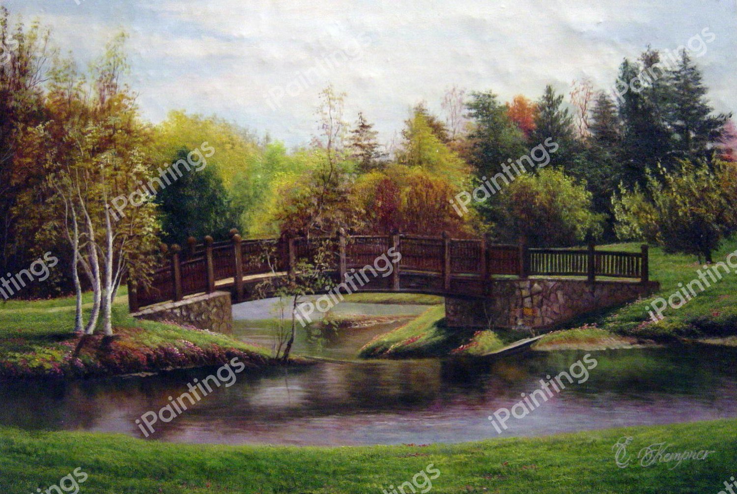 A Wooden Bridge Over A Pond. The painting by Our Originals