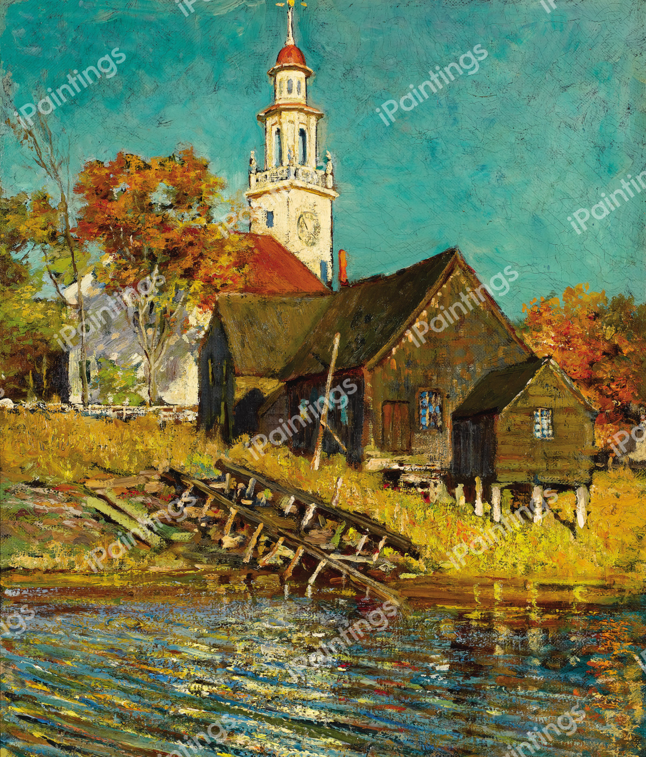 Church, Kennebunkport, Maine. The painting by Abbott Fuller Graves