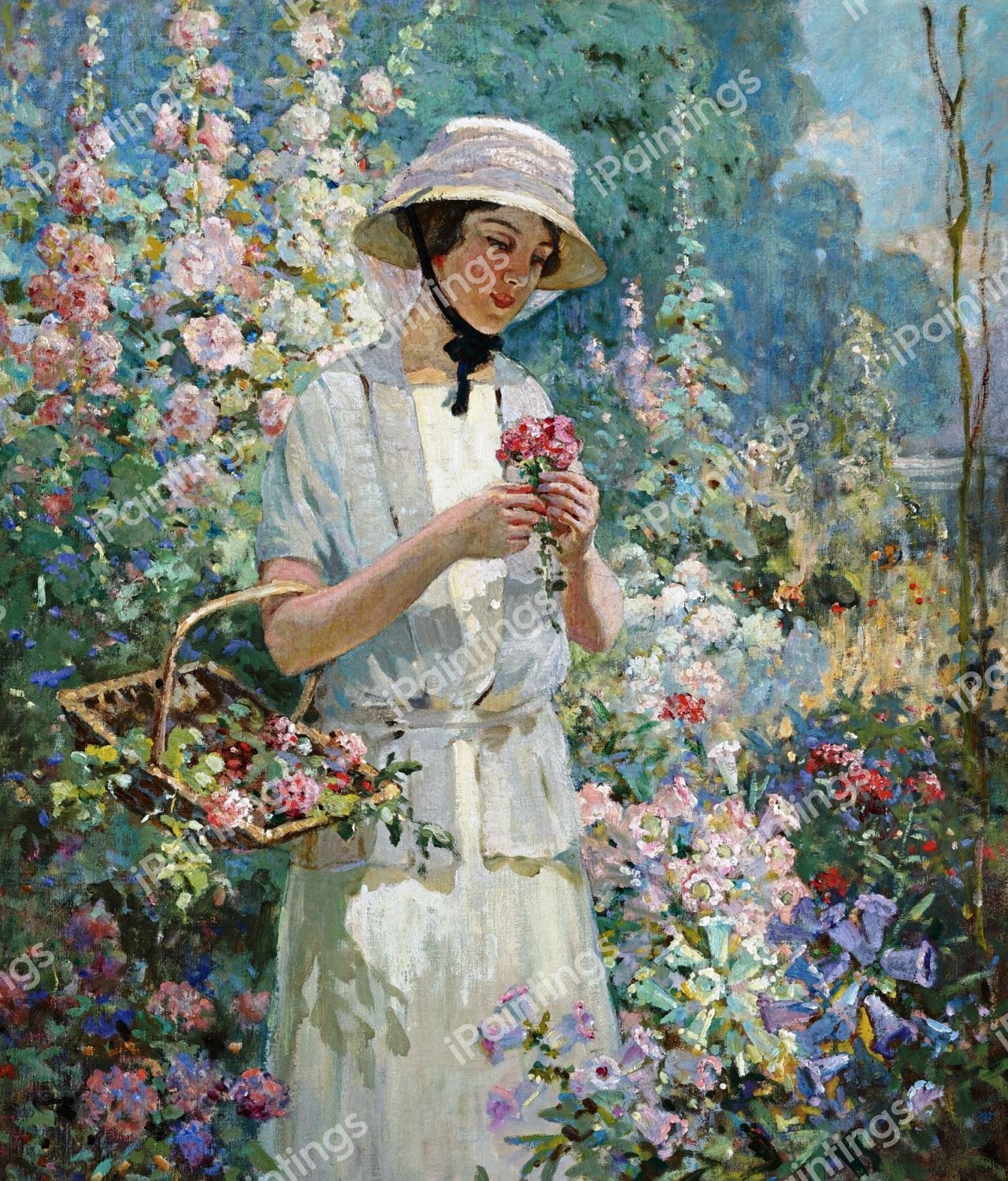 Woman with Flower Basket. The painting by Abbott Fuller Graves