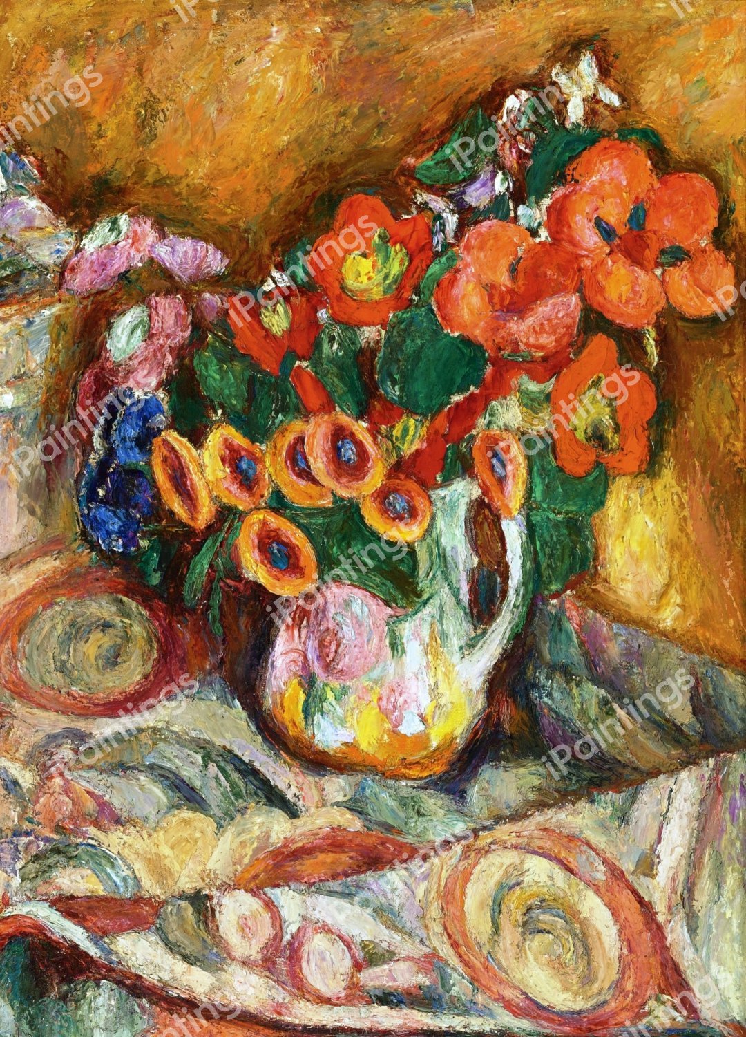 Flowers on a Floral Tablecloth. The painting by Abraham Manievich