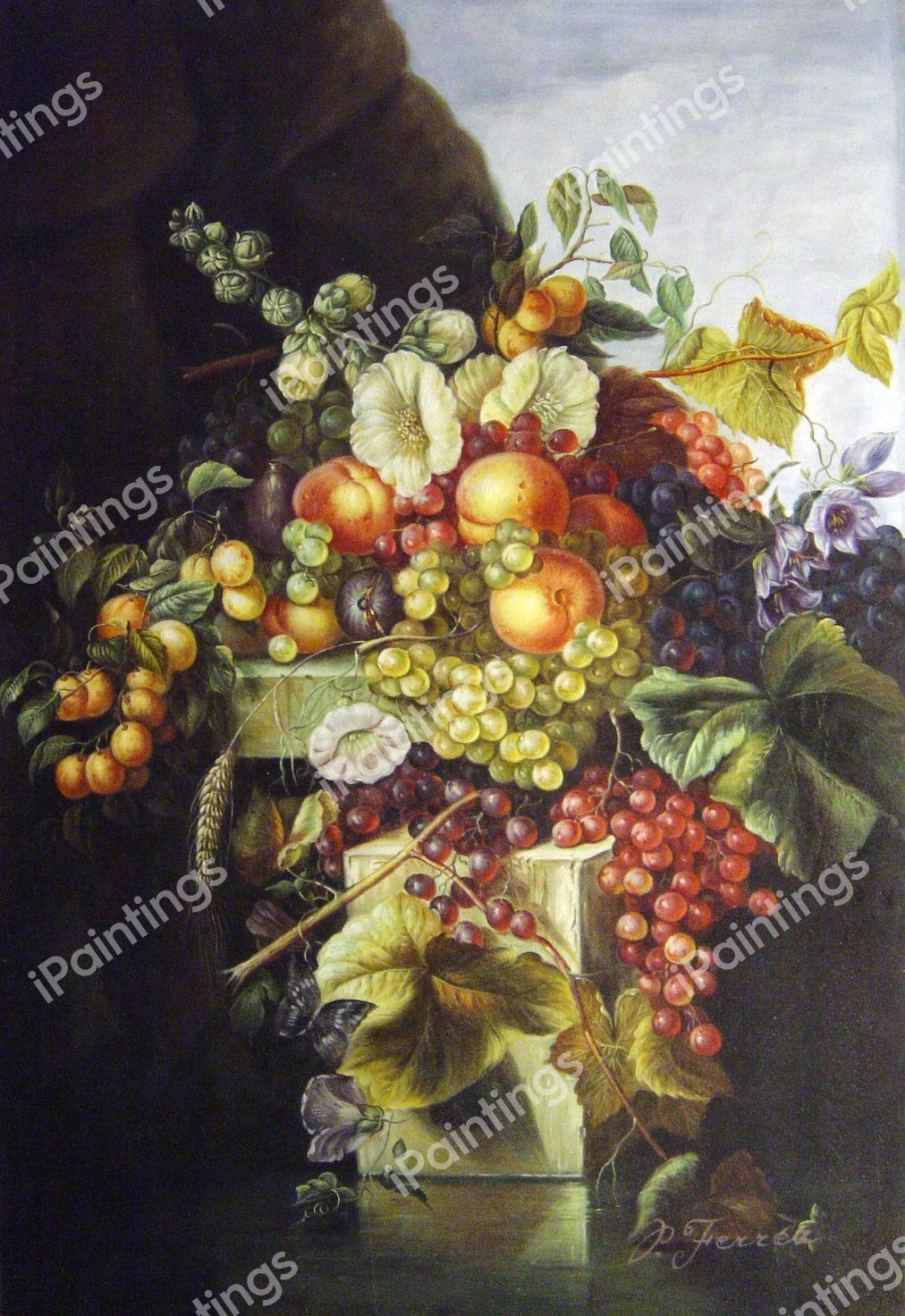 Still Life With Grapes, Peaches, Flowers And A Butterfly. The painting by Adelheid Dietrich