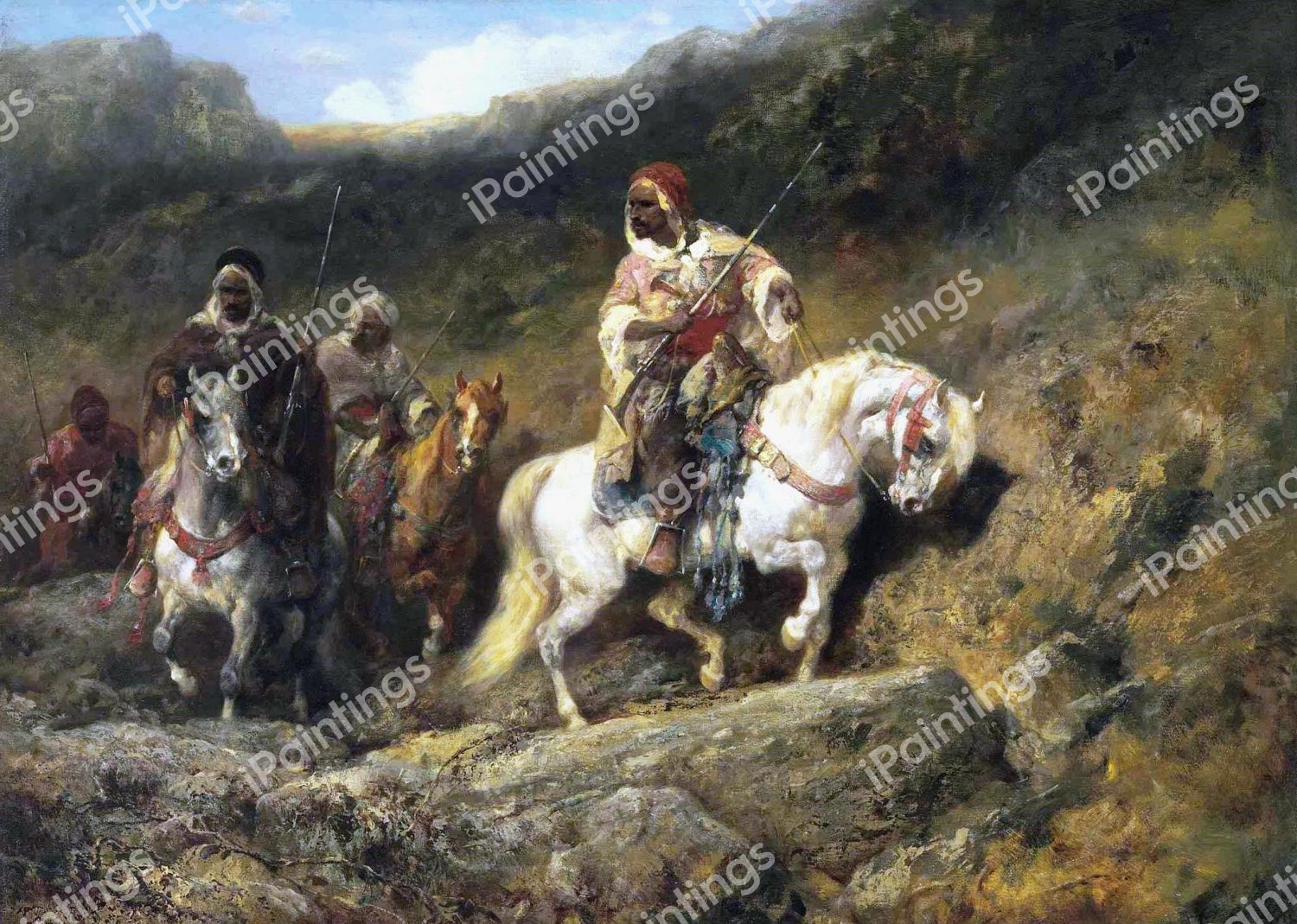 Arab Horsemen in a Mountainous Landscape. The painting by Adolf Schreyer