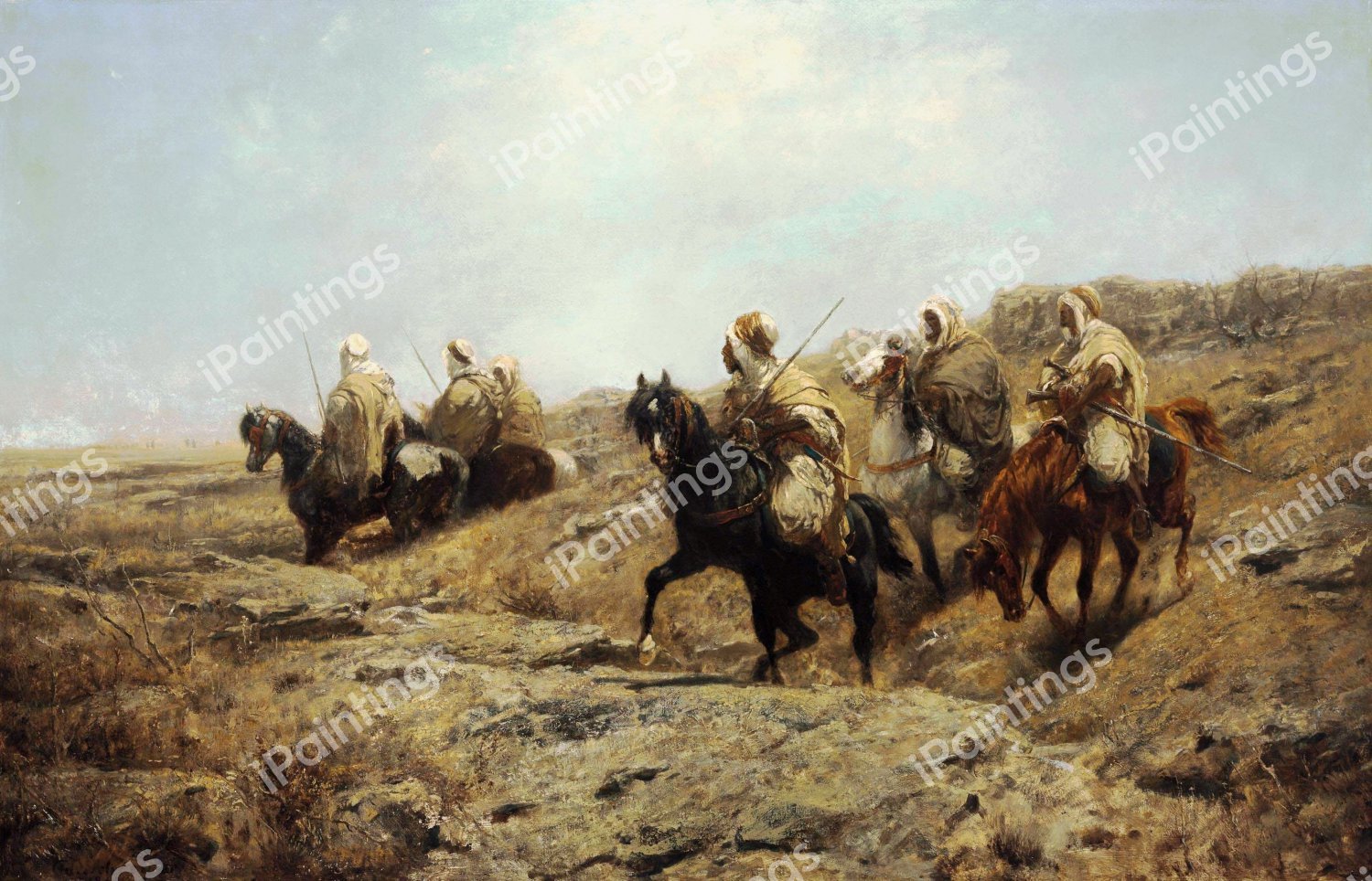 Arab Warriors on the Lookout. The painting by Adolf Schreyer