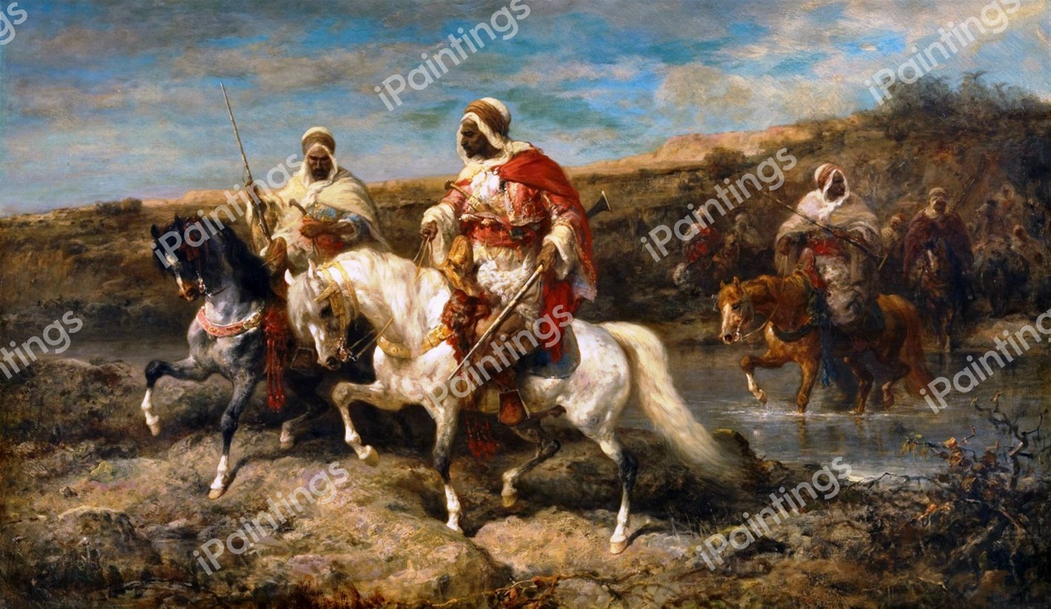 Arabian Horseman by a Ford. The painting by Adolf Schreyer