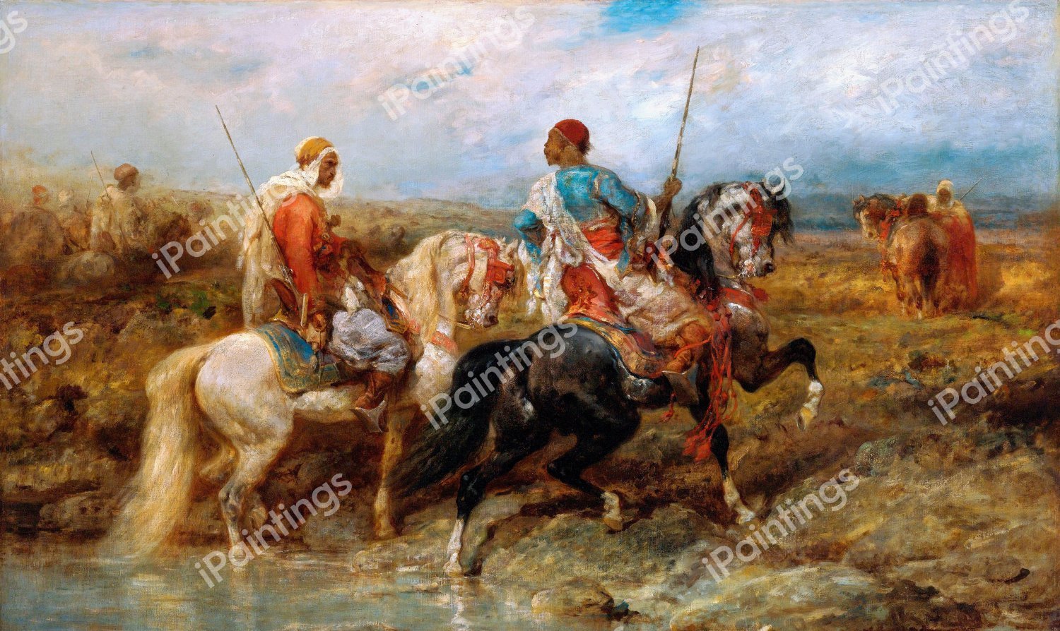 Fording a Stream. The painting by Adolf Schreyer