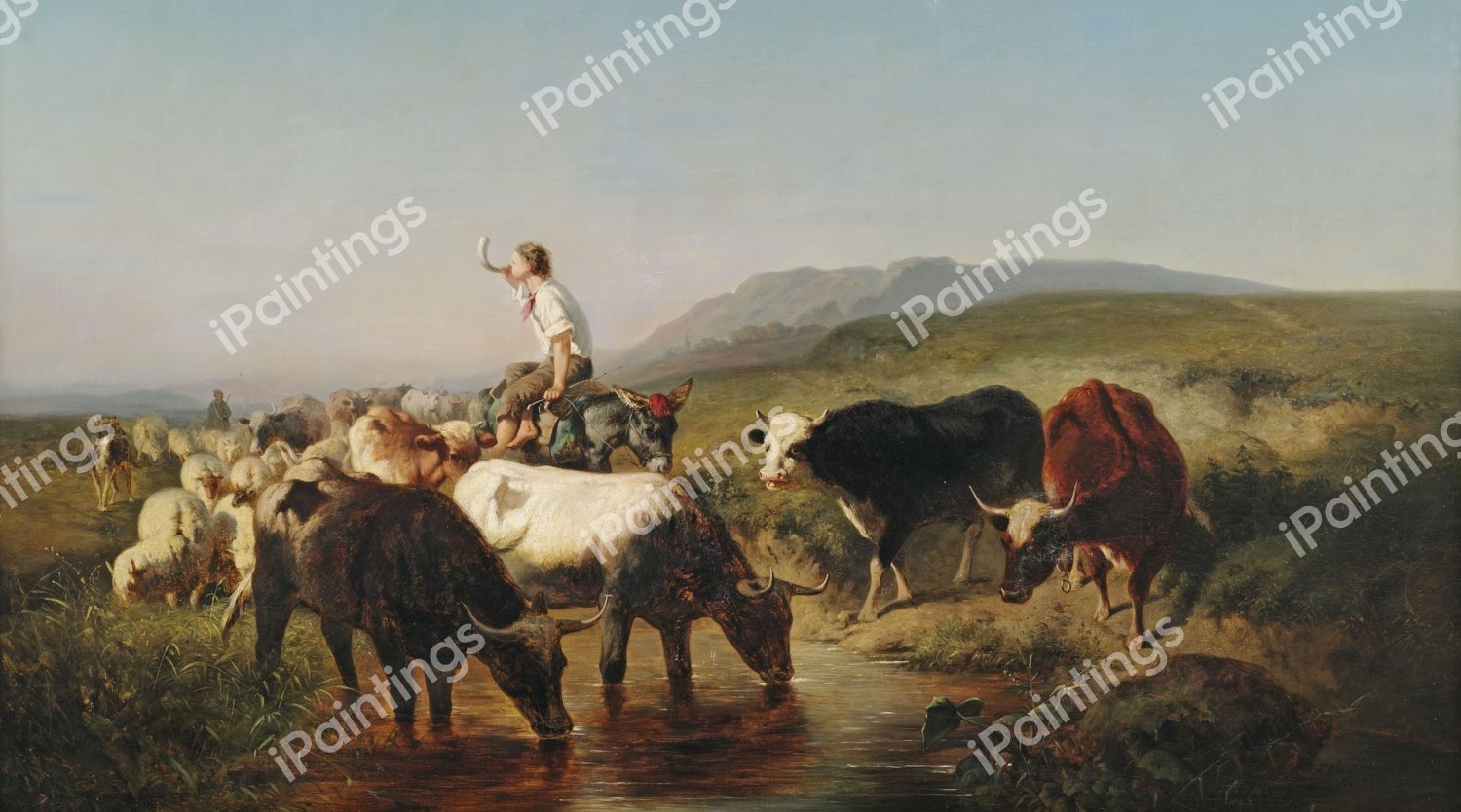Shepherd and the Flock of Sheep in a Landscape. The painting by Adolf Schreyer