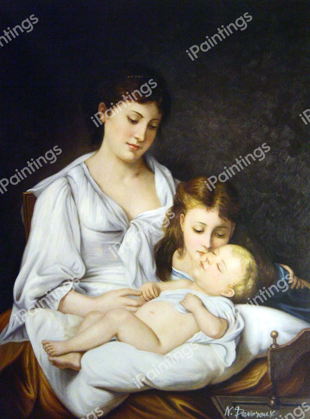 Maternal Affection. The painting by Adolphe Jourdan