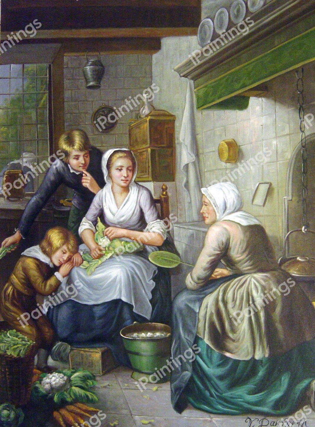 Kitchen Scene. The painting by Adriaen De Lelie