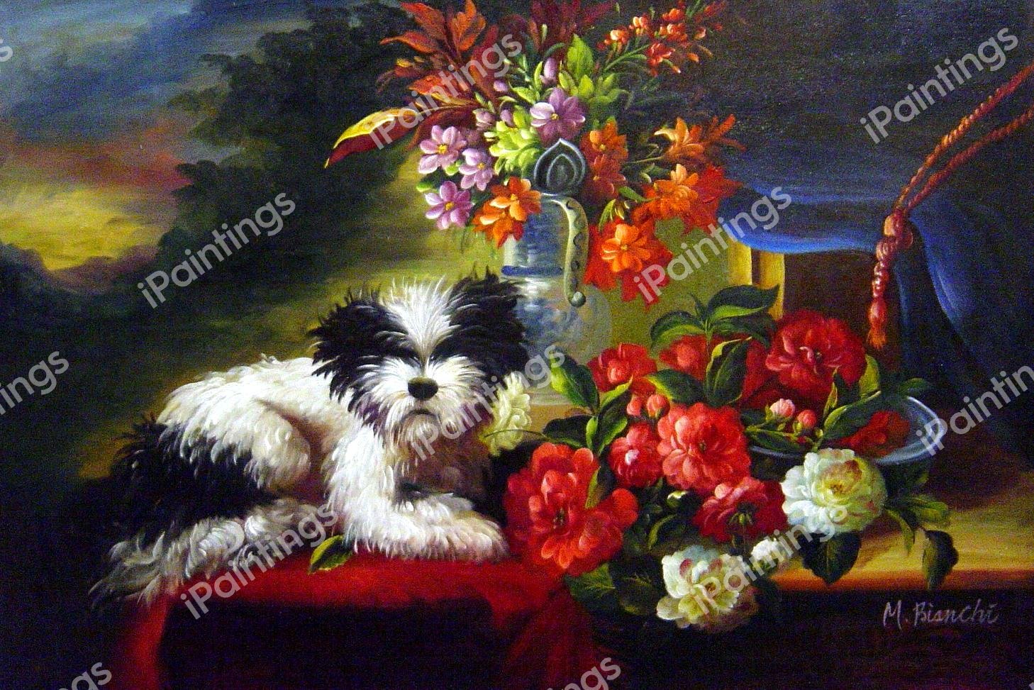 Camelias And A Terrier On A Console. The painting by Adriana-Johanna Haanen