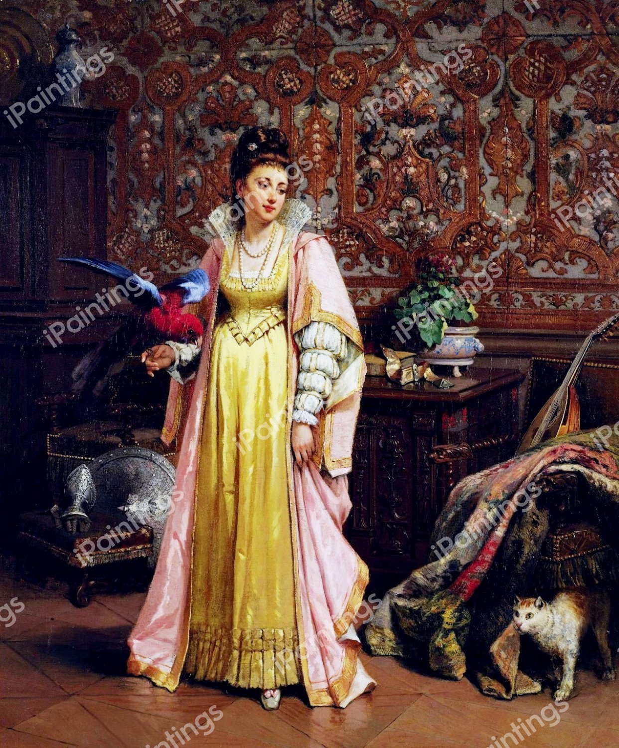 Her Pet Parakeet. The painting by Adrien de Boucherville