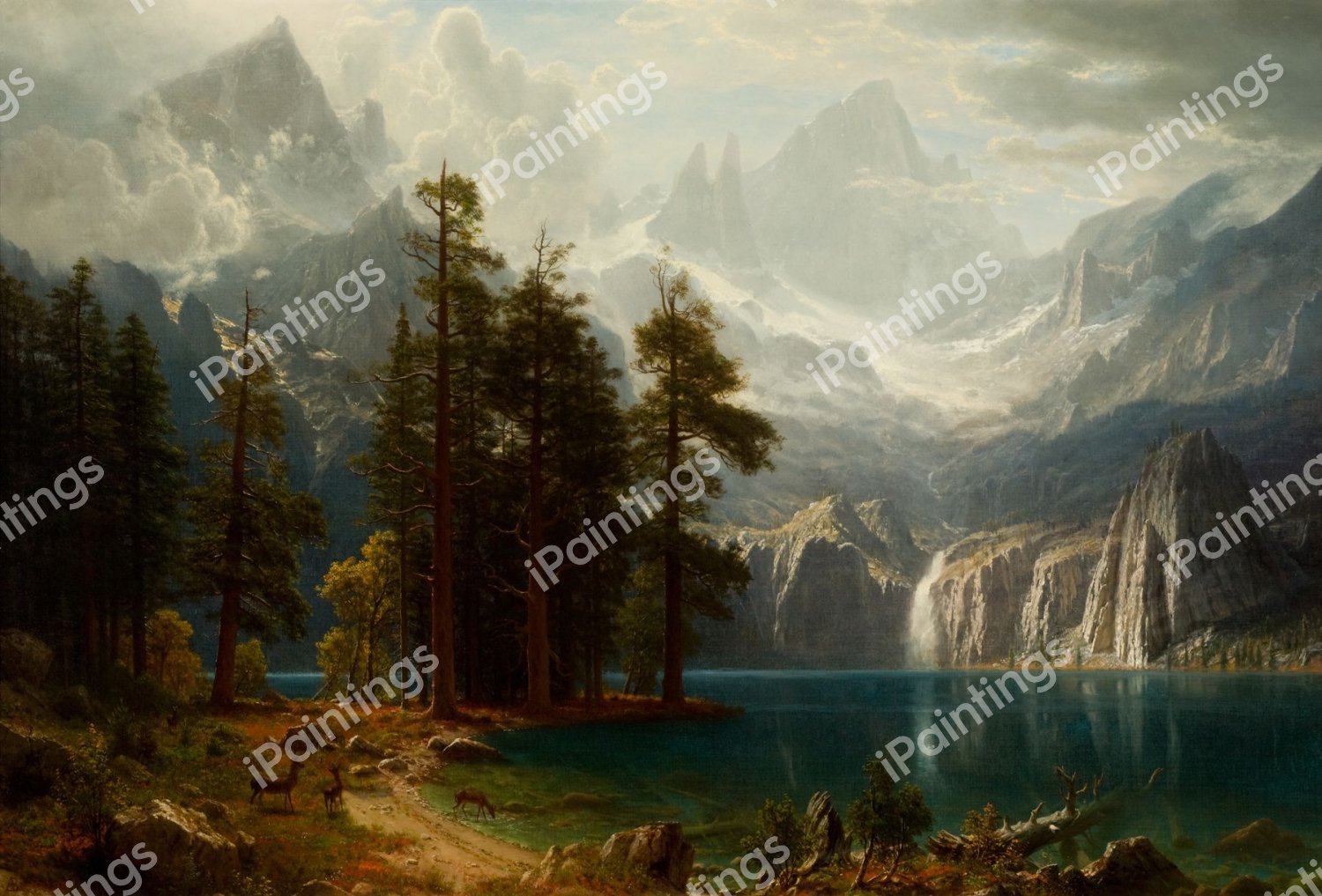 At the Sierra Nevada Mountains. The painting by Albert Bierstadt