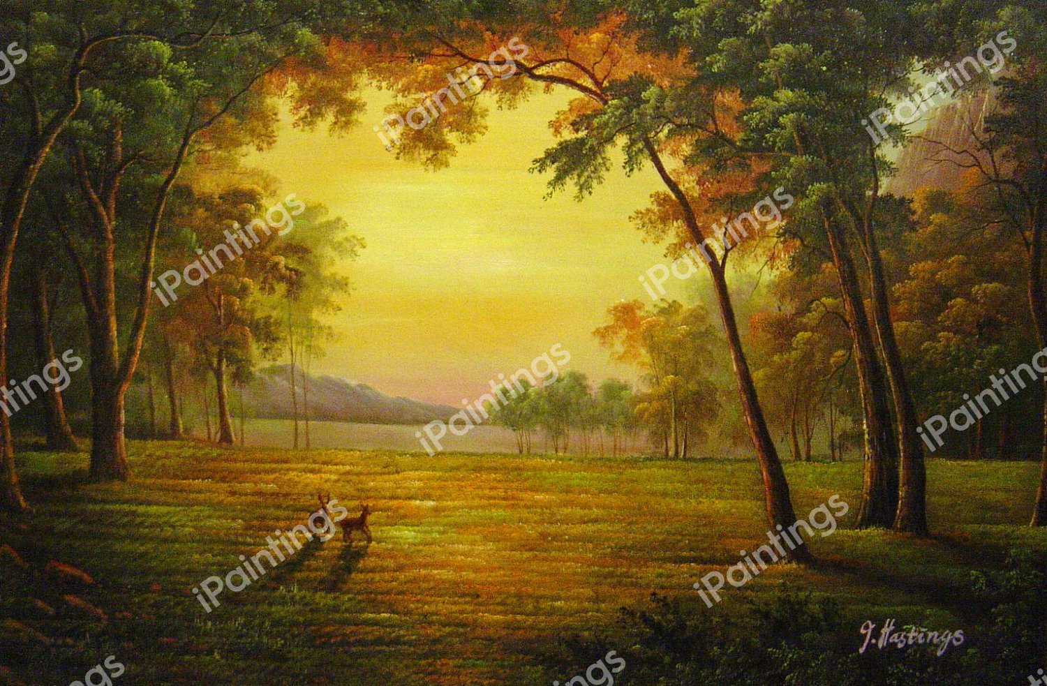 Deer In A Clearing. The painting by Albert Bierstadt