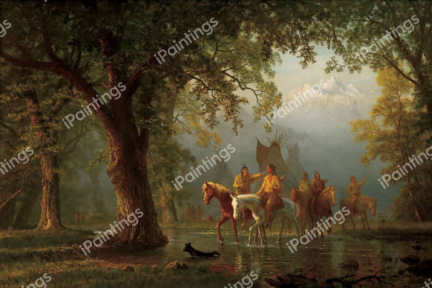 Departure of an Indian War Party. The painting by Albert Bierstadt