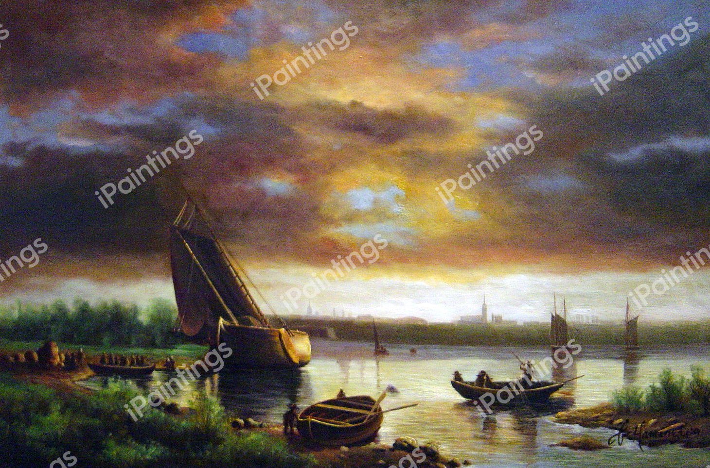 Harbor Scene. The painting by Albert Bierstadt
