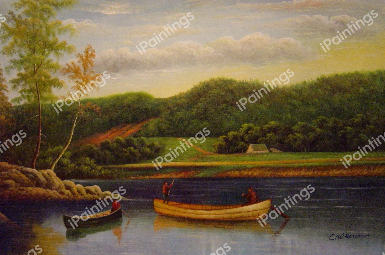 Men In Two Canoes. The painting by Albert Bierstadt