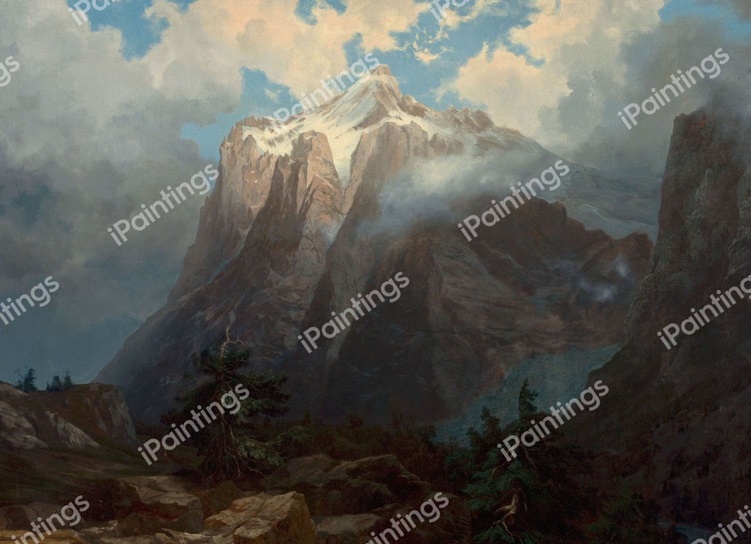 Mount Brewer from King's River Canyon, California. The painting by Albert Bierstadt