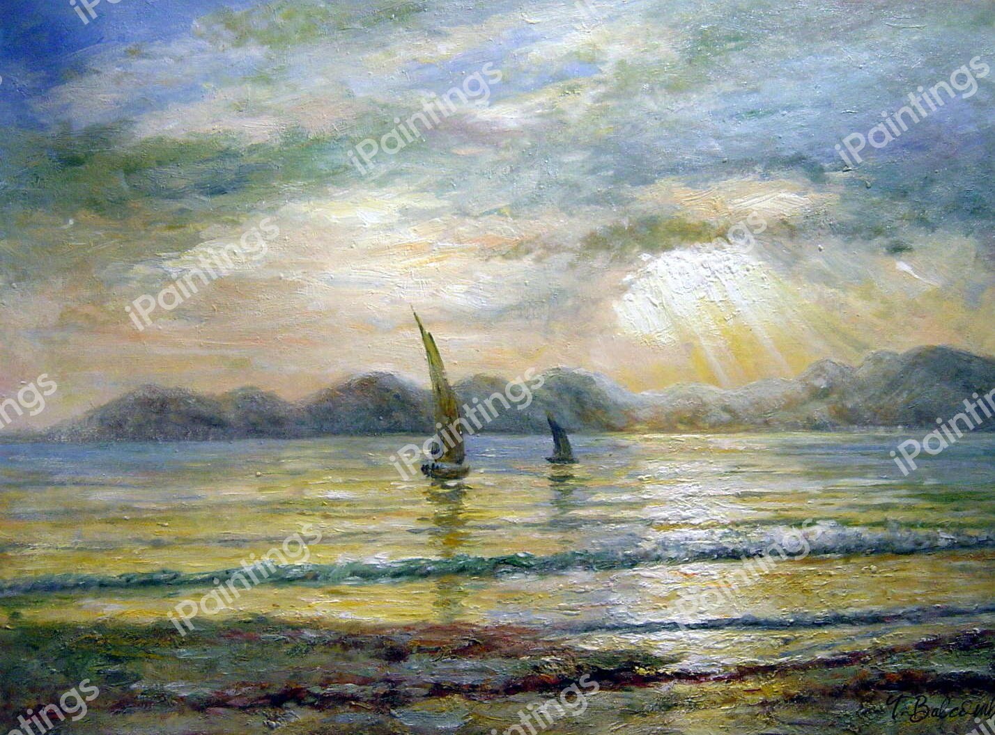 Sunset Over A Mountain Lake. The painting by Albert Bierstadt