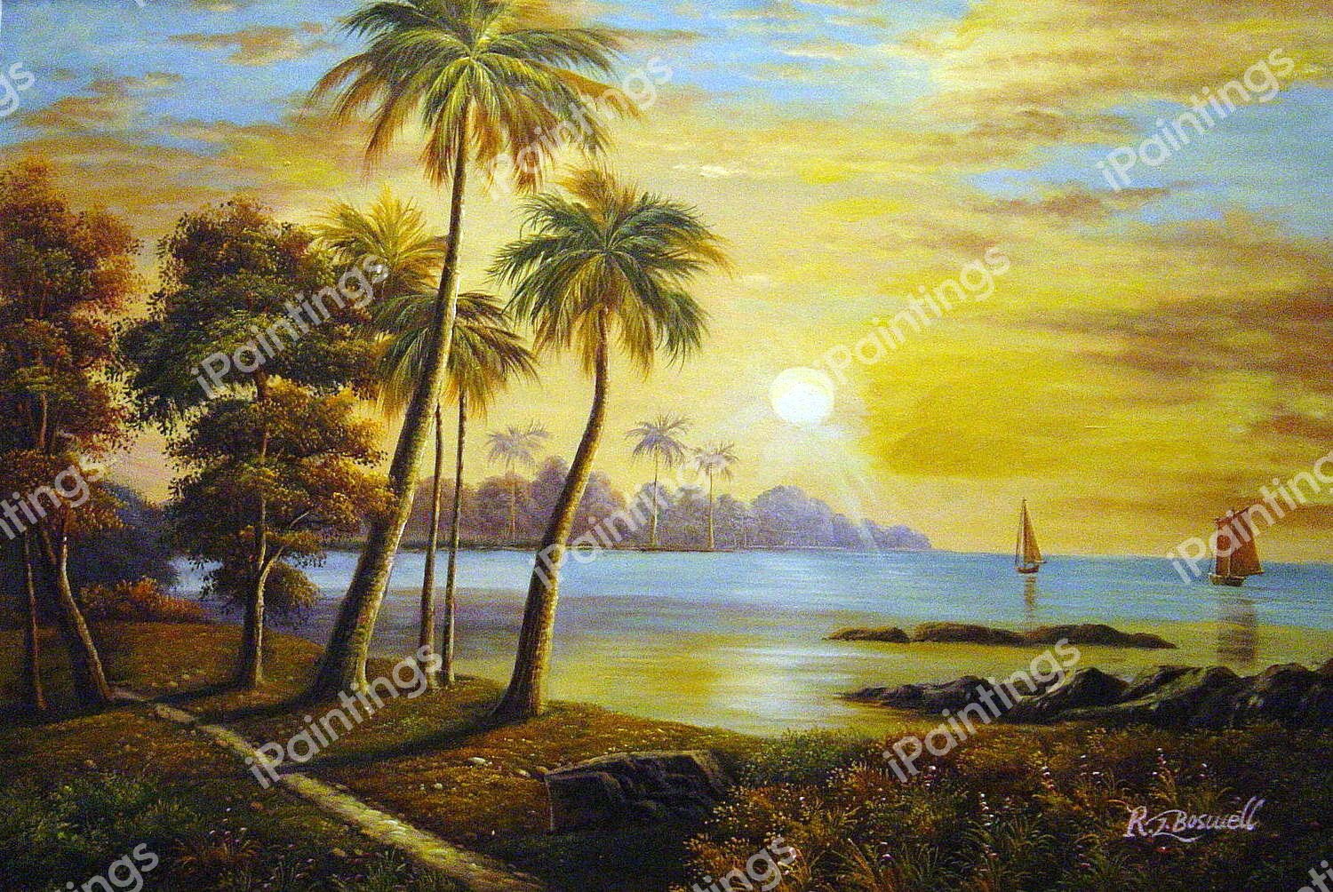 Tropical Landscape With Fishing Boats In Bay. The painting by Albert Bierstadt