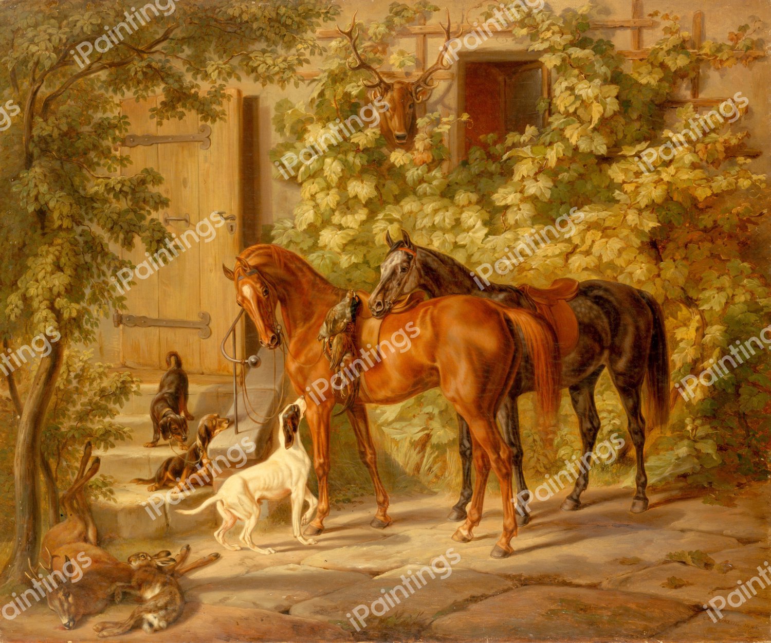 Horses at the Porch. The painting by Albrecht Adam