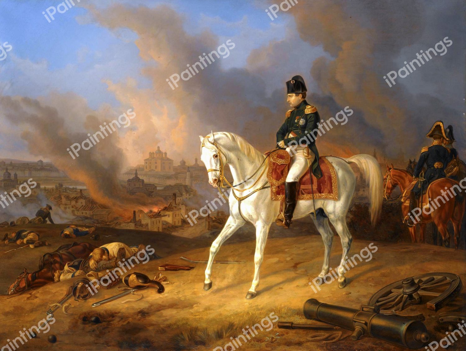 Napoleon Before the Burning City of Smolensk. The painting by Albrecht Adam
