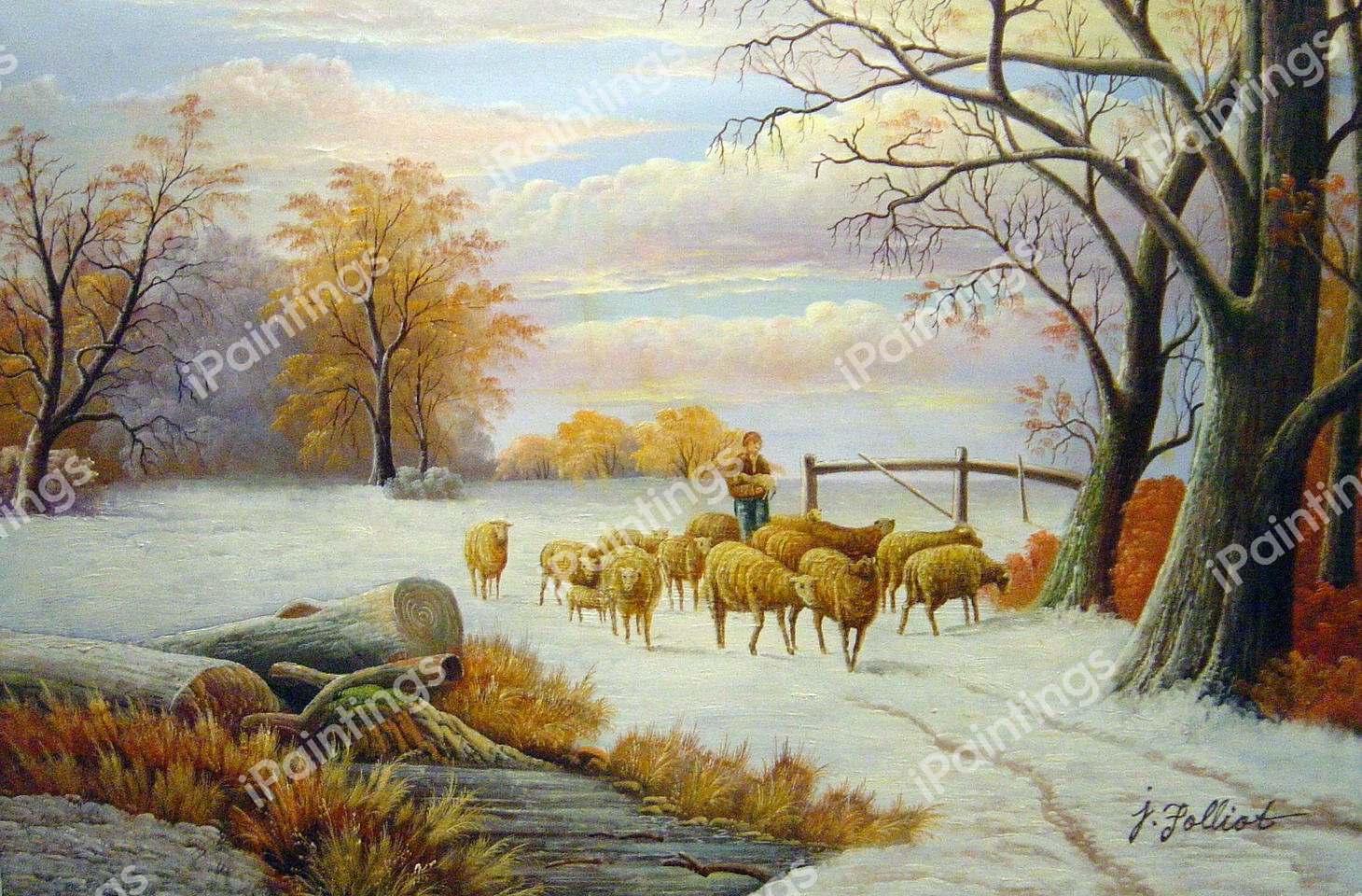 Shepherdess With Her Flock In A Winter Landscape. The painting by Alexis De Leeuw