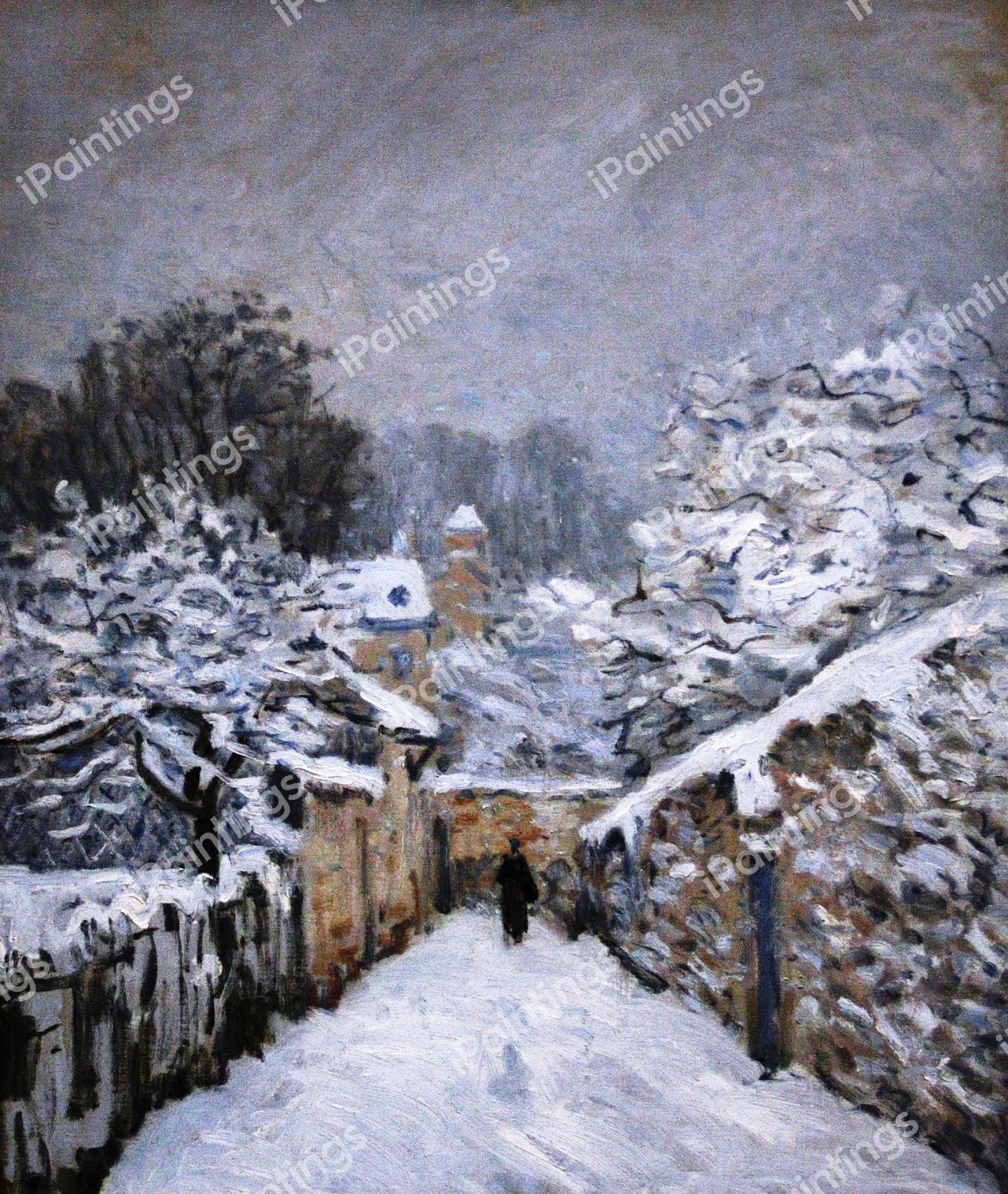 Among the Snow at Louveciennes. The painting by Alfred Sisley