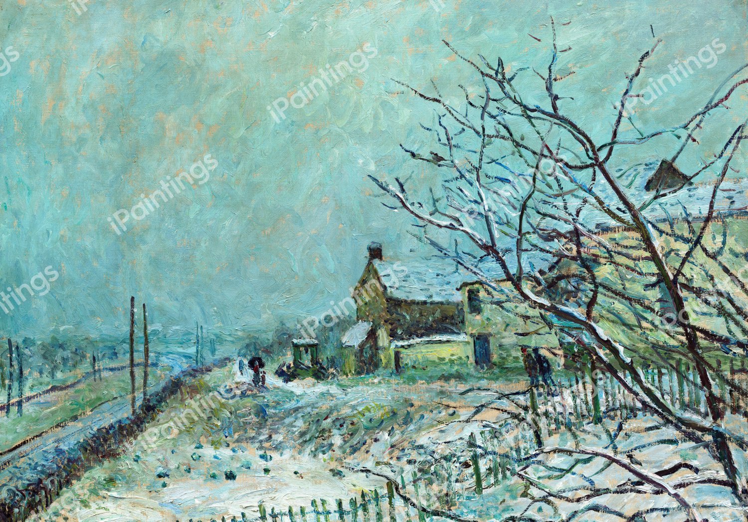 First Snow at Veneux-Nadon. The painting by Alfred Sisley