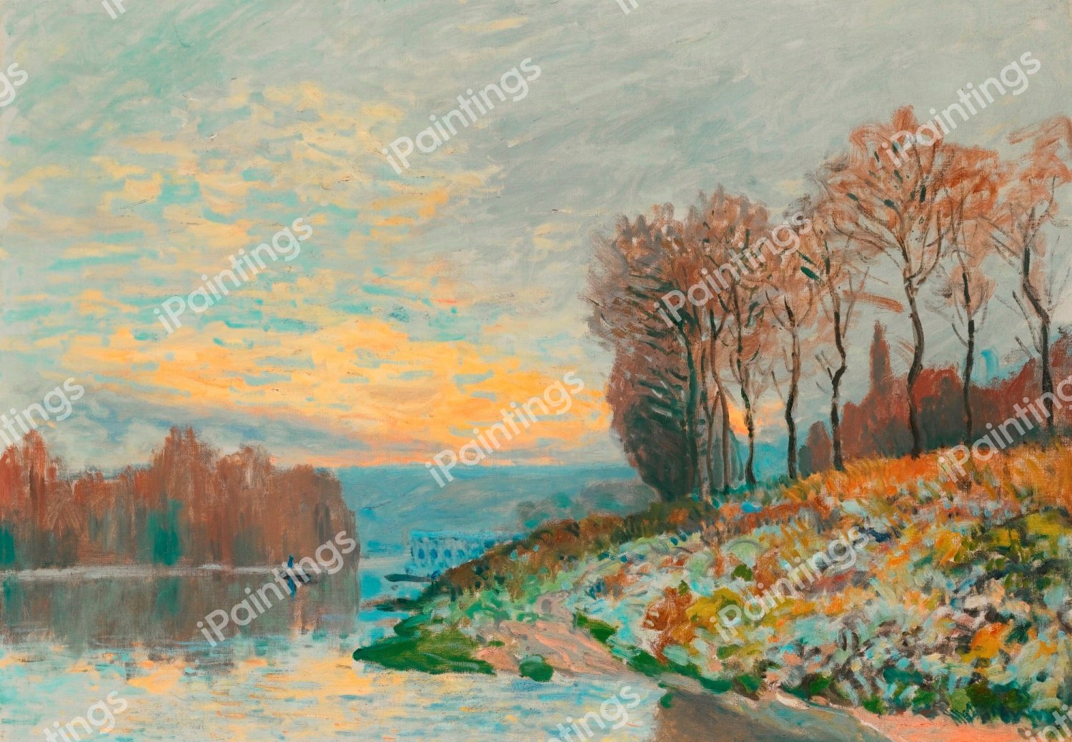 La Seine Pres de Bougival - Matin d'Hiver. The painting by Alfred Sisley