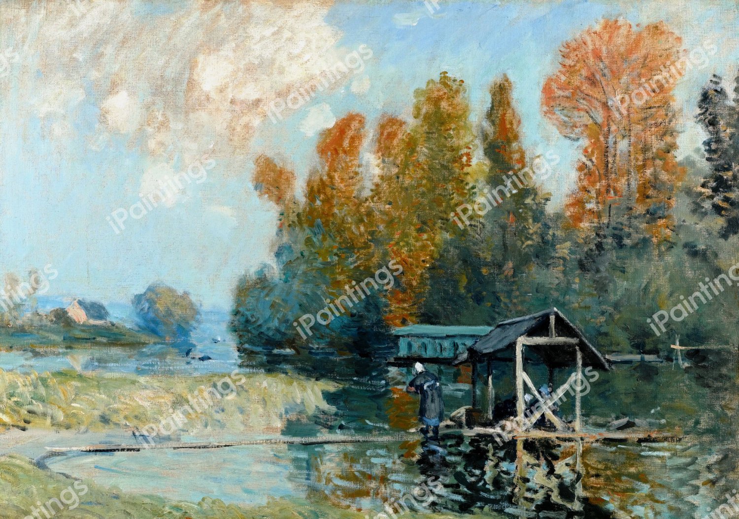 Les Lavandieres a Bougival. The painting by Alfred Sisley