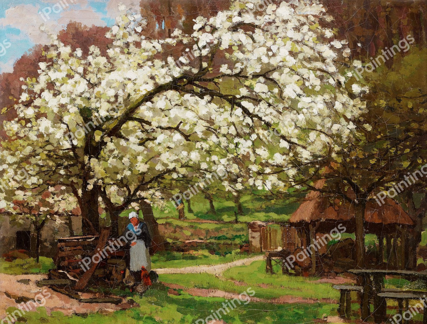 Peasant under Trees in Blossom. The painting by Alfred Sisley