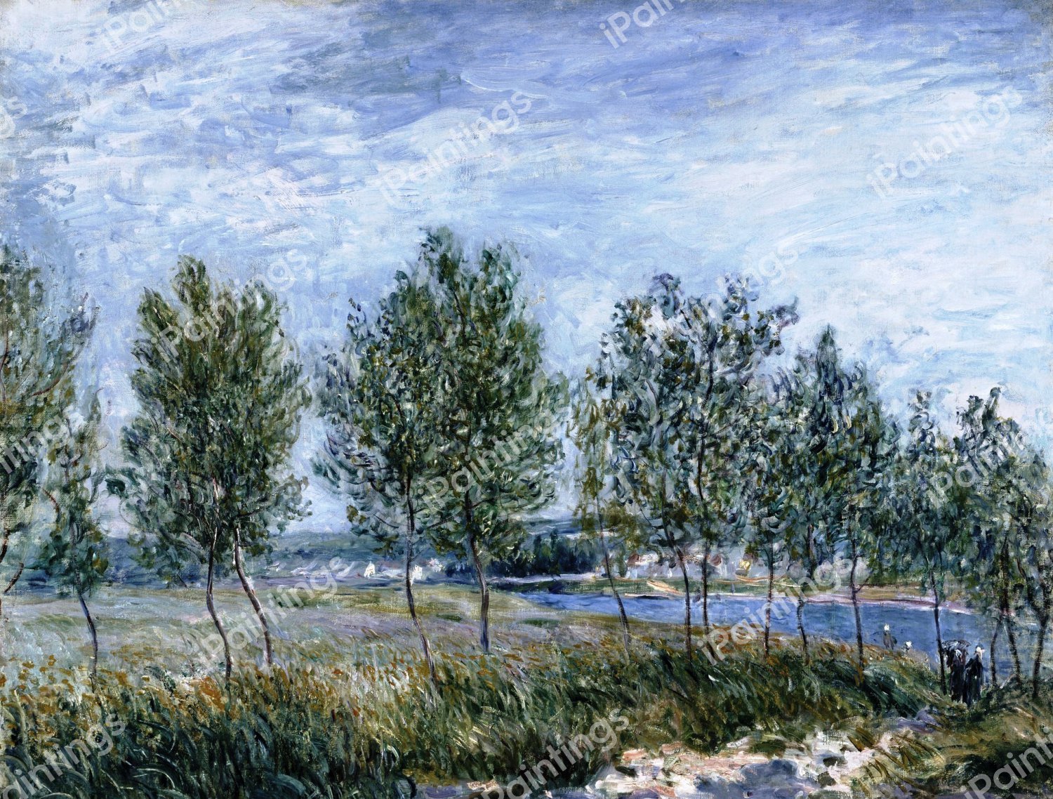 Poplars on a River Bank. The painting by Alfred Sisley