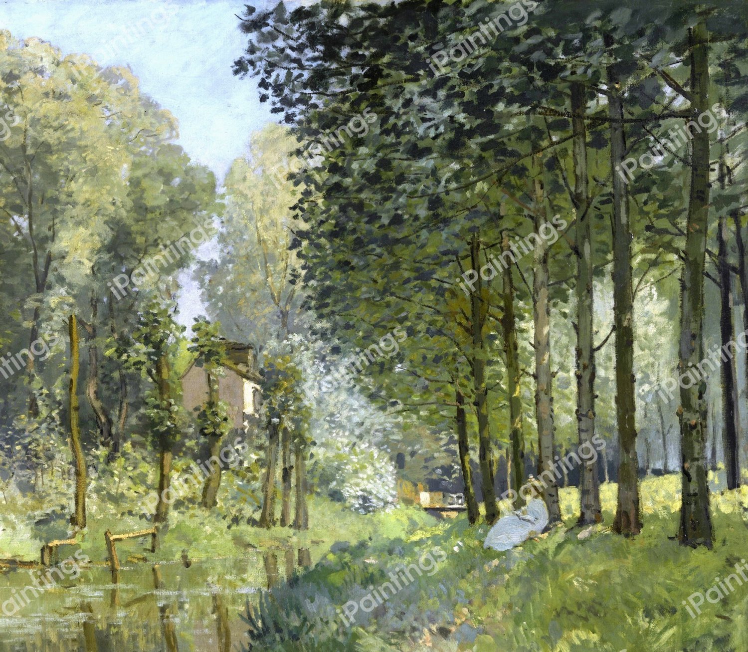 Rest along the Stream. Edge of the Wood. The painting by Alfred Sisley