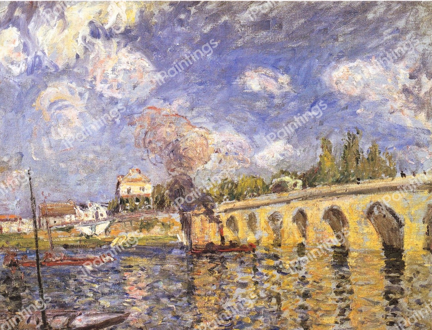River Steamboat and Bridge. The painting by Alfred Sisley