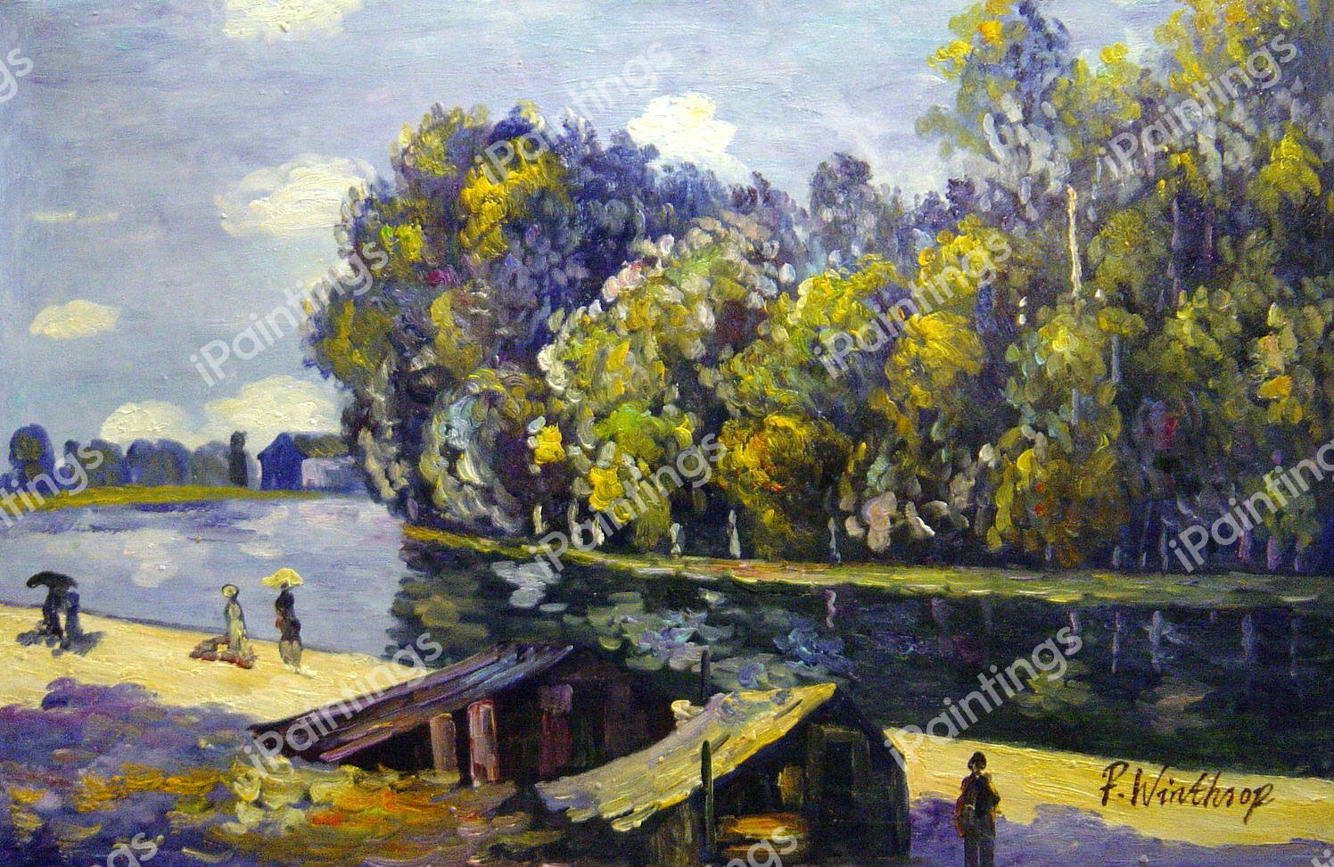 The Cabins Along The Loing Canal, Sunlight Effect. The painting by Alfred Sisley