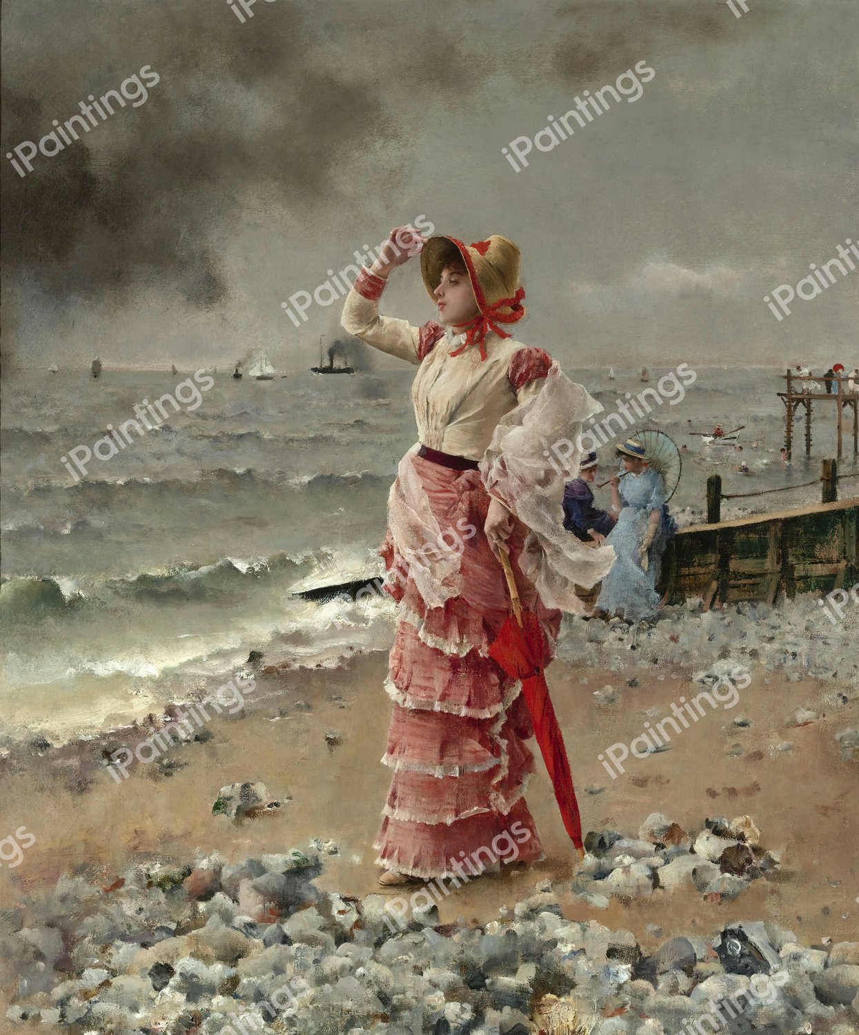 Femme Elegante Voyant Filer Un Vapeur. The painting by Alfred Stevens