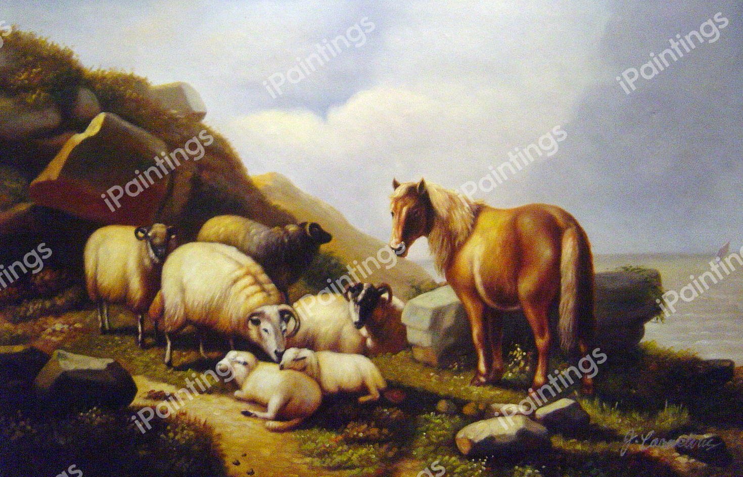 A Pony And Sheep On A Cliff With A Sailing Vessel Beyond. The painting by Alfred Thompson Bricher