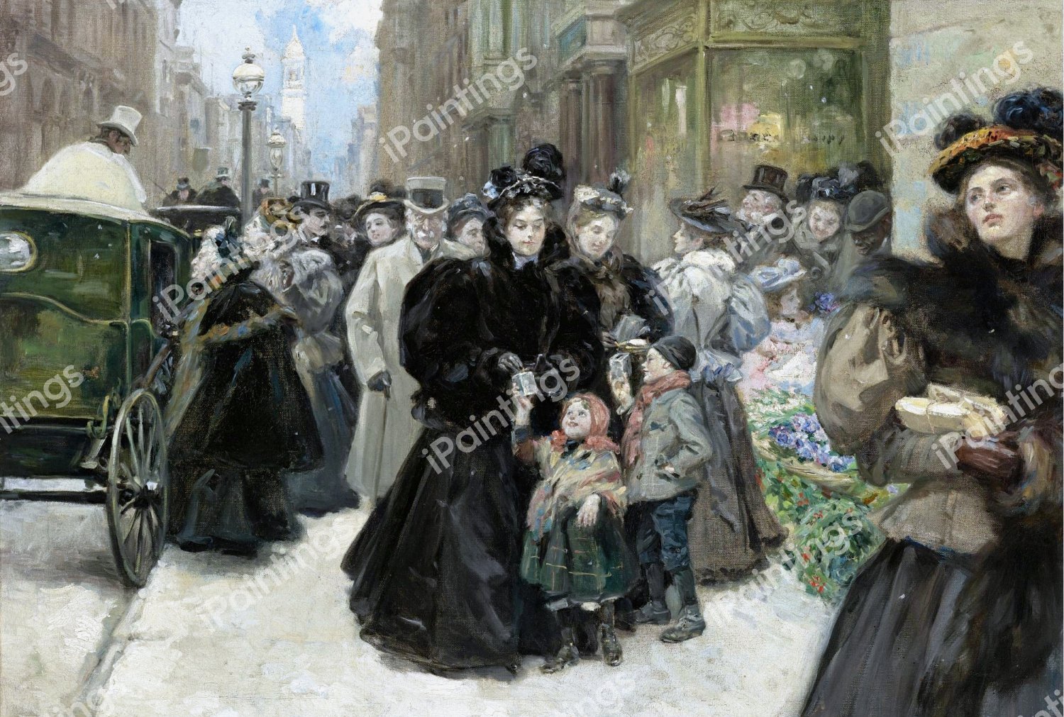 Christmas on Fifth Avenue. The painting by Alice Barber Stephens
